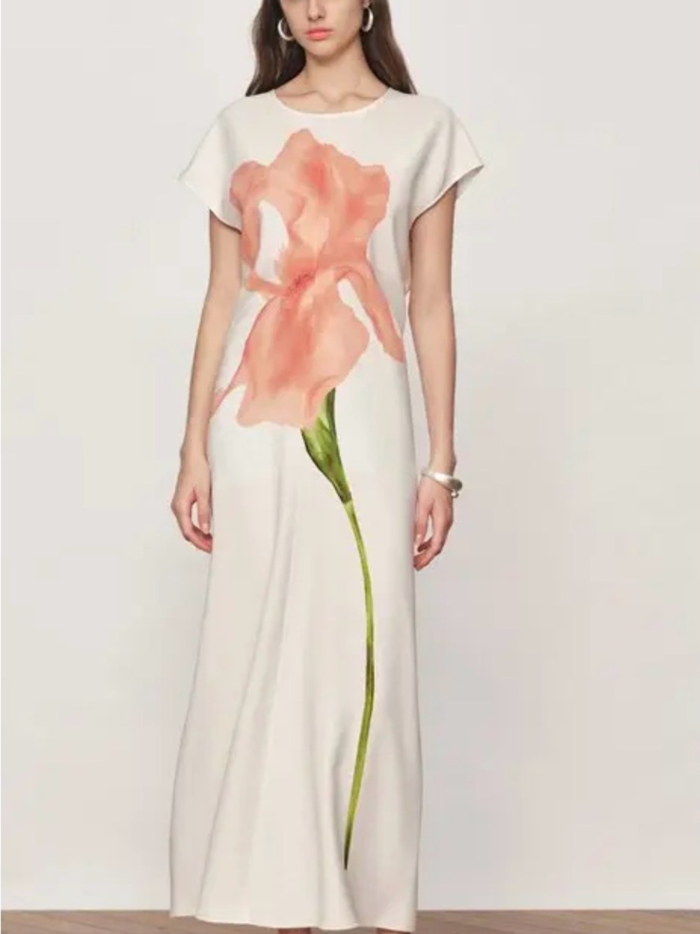Cream Maxi Dress with Peach Floral Print